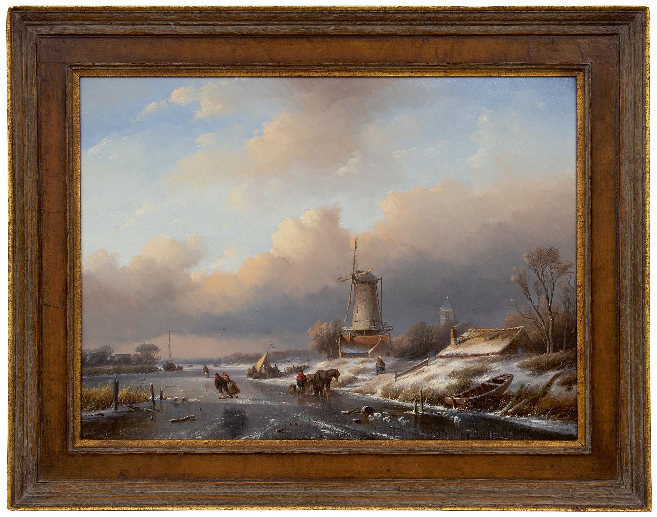 Spohler J.J.  | Jan Jacob Spohler, Winter landscape with country folk and skaters, oil on panel 40.7 x 55.3 cm, signed l.l.