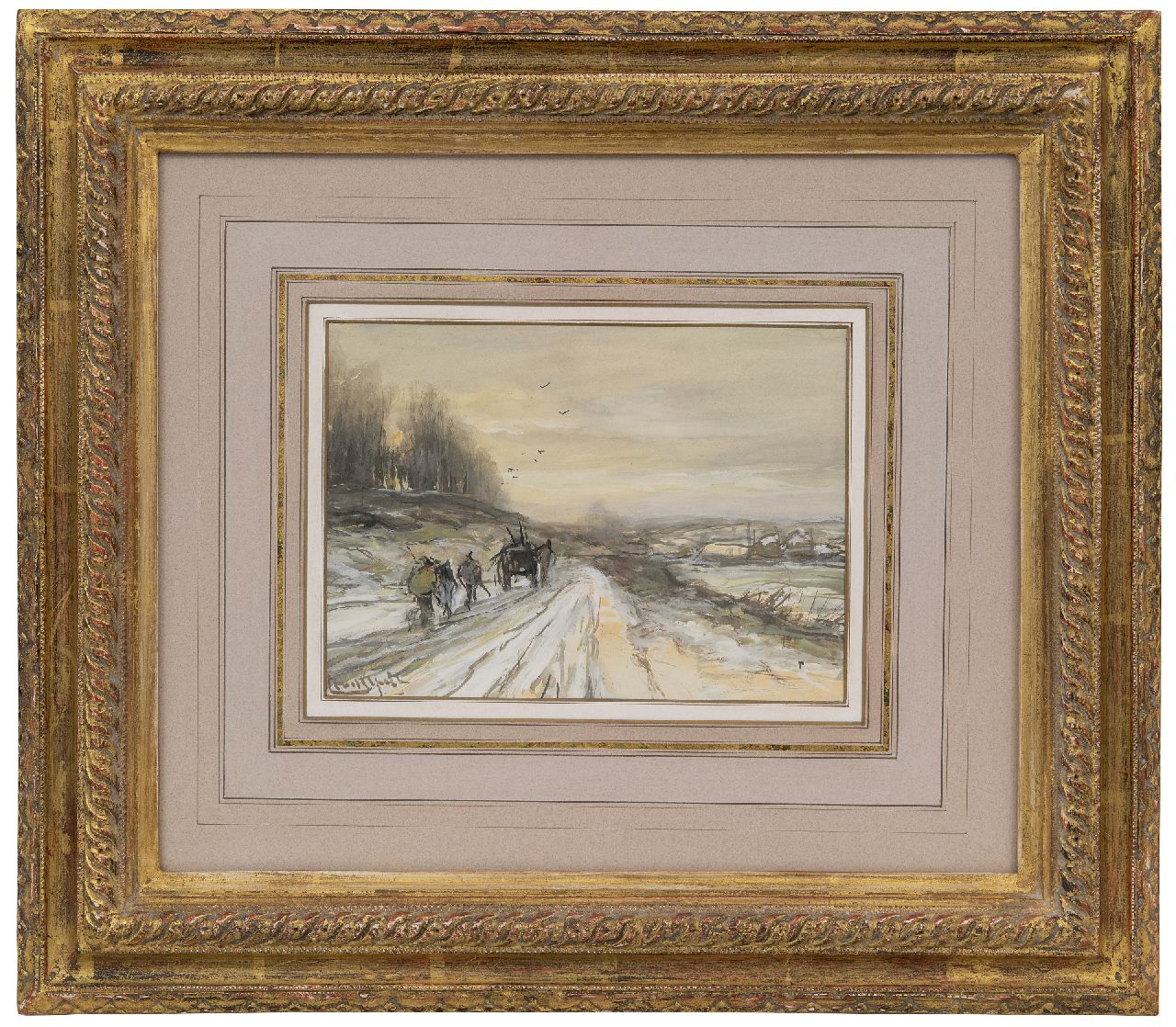 Apol L.F.H.  | Lodewijk Franciscus Hendrik 'Louis' Apol | Watercolours and drawings offered for sale | A horse-drawn cart in a snow-covered landscape, gouache on paper 16.0 x 21.9 cm, signed l.l.