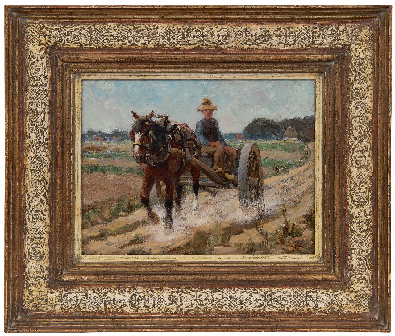 Geerlings J.H.  | Jacob Hendrik Geerlings | Paintings offered for sale | Horse and carriage on a country road, oil on panel 21.5 x 28.7 cm, signed l.r.