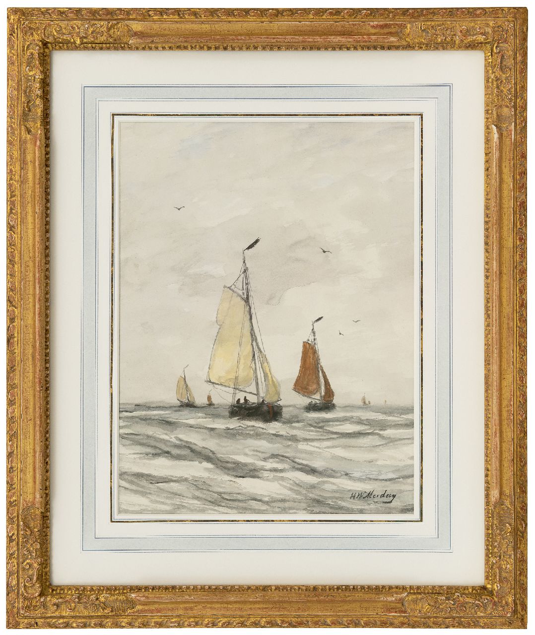 Mesdag H.W.  | Hendrik Willem Mesdag, Fishing boats on the open sea, watercolour on paper 41.0 x 30.5 cm, signed l.r.