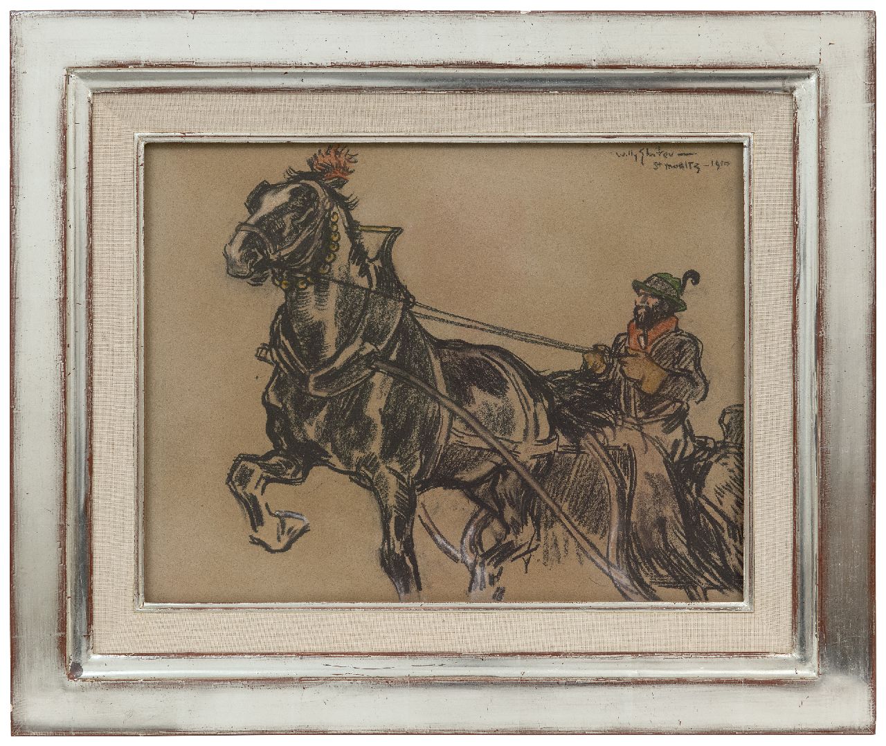 Sluiter J.W.  | Jan Willem 'Willy' Sluiter, By sleigh through St. Moritz, coloured chalk on paper 31.5 x 41.2 cm, signed u.r. and dated 1910