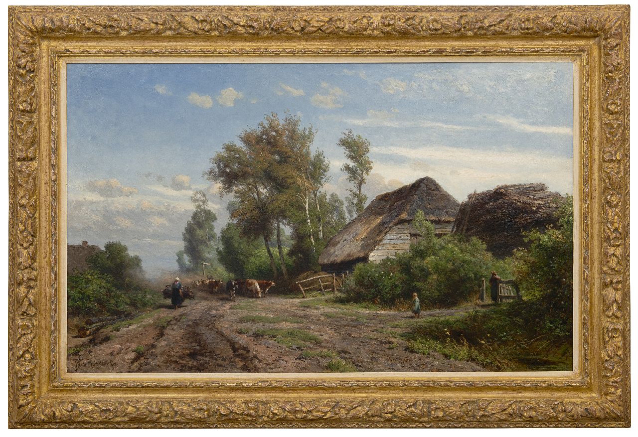 Borselen J.W. van | Jan Willem van Borselen | Paintings offered for sale | Cows with guardian at farm, oil on canvas 65.5 x 106.6 cm, signed l.l.