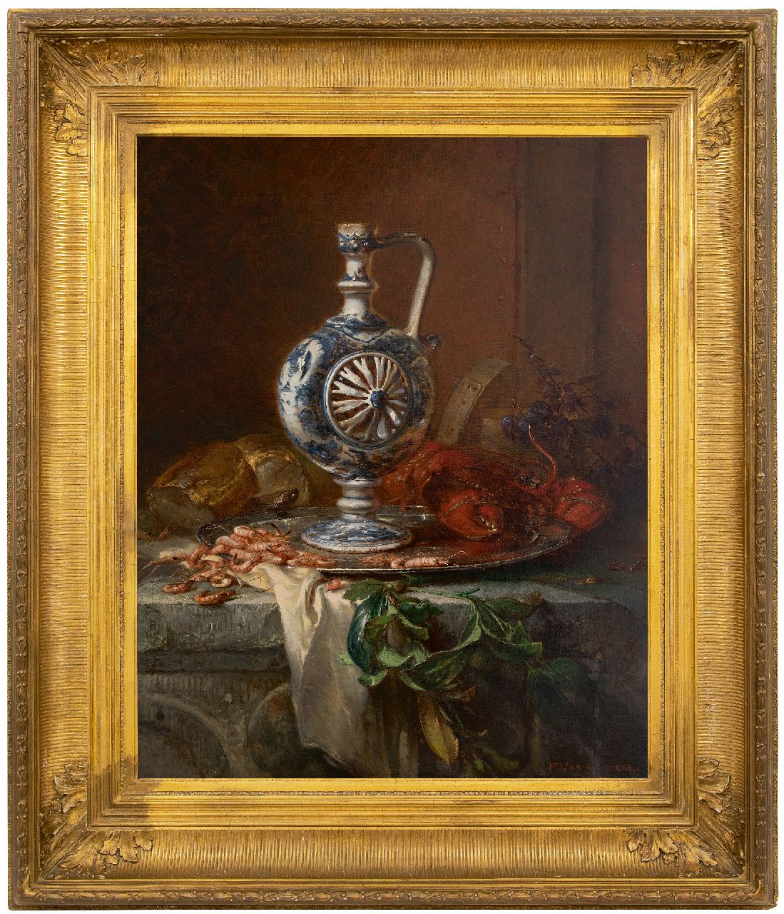 Vos M.  | Maria Vos | Paintings offered for sale | Still life with earthenware jug, pewter bowl, lobster and shrimp, oil on canvas 84.4 x 67.3 cm, signed l.r. and dated 'Jan' 1868