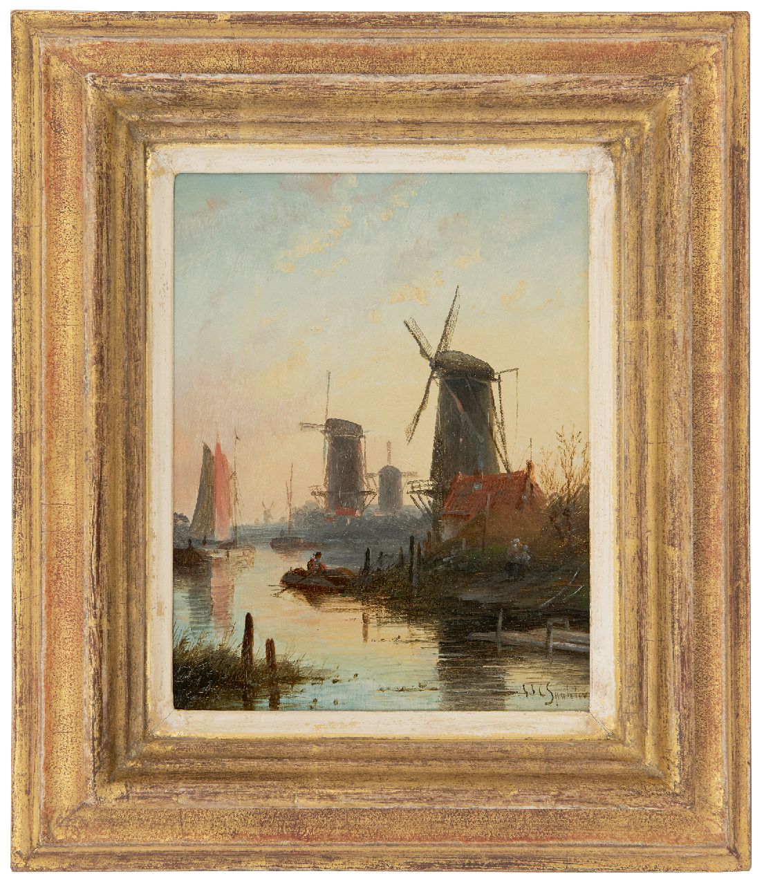 Spohler J.J.C.  | Jacob Jan Coenraad Spohler, Summer landscape with shipping on calm river, oil on panel 19.0 x 14.9 cm, signed l.r.