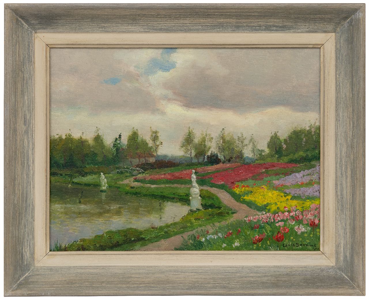 Soonius L.  | Lodewijk 'Louis' Soonius | Paintings offered for sale | Bulbfields by a pond, oil on canvas 27.5 x 36.0 cm, signed l.r. and dated 1941