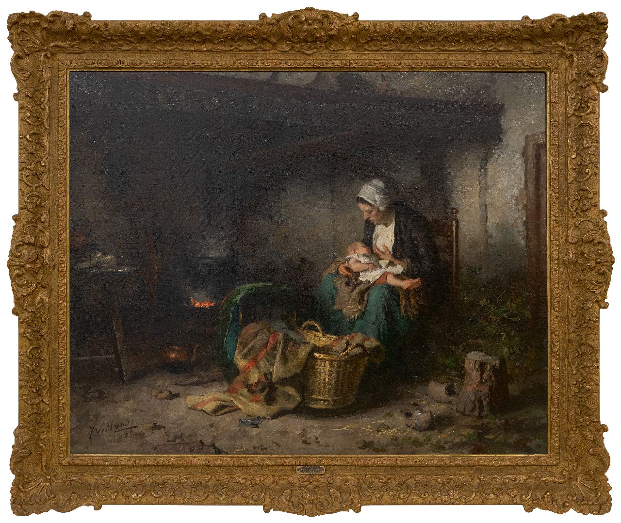 Weiland J.  | Johannes Weiland | Paintings offered for sale | Farmhouse interior with mother and child, oil on canvas 65.3 x 81.2 cm, signed l.l. and dated '96