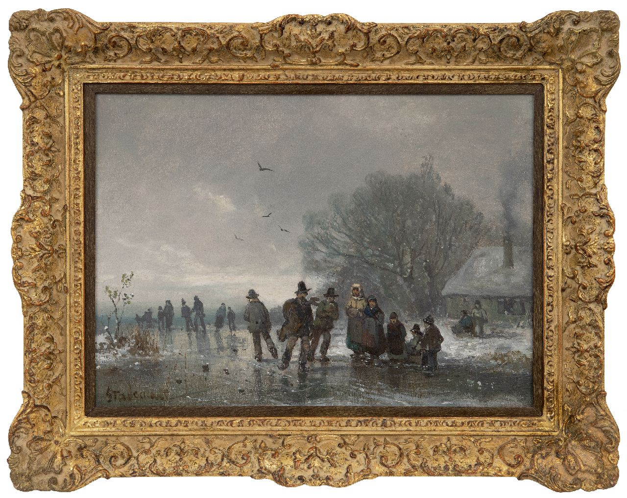Stademann A.  | Adolf Stademann | Paintings offered for sale | Skaters on a frozen waterway, oil on canvas laid down on panel 33.5 x 46.2 cm, signed l.l.
