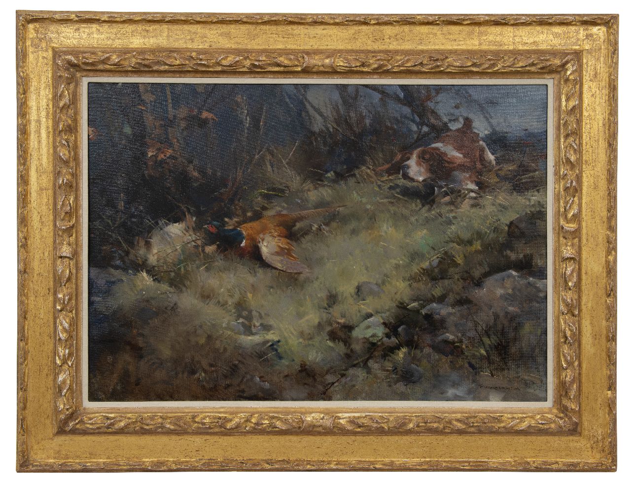 Hem P. van der | Pieter 'Piet' van der Hem | Paintings offered for sale | Dog chasing a pheasant, oil on canvas 70.2 x 102.0 cm, signed l.r.