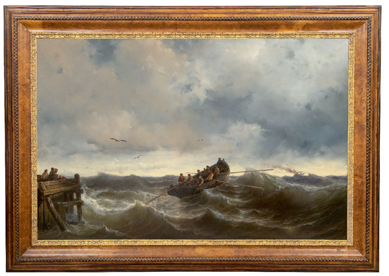 Meijer J.H.L.  | Johan Hendrik 'Louis' Meijer | Paintings offered for sale | Outgoing lifeboat, oil on panel 85.0 x 130.5 cm, signed l.r. and dated 1857