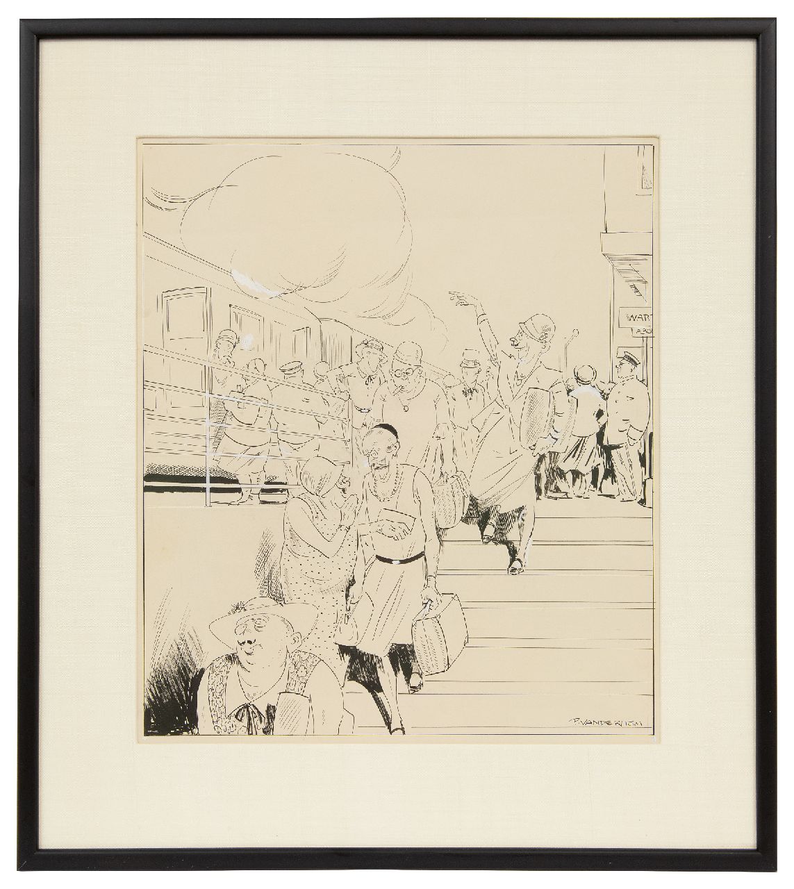 Hem P. van der | Pieter 'Piet' van der Hem | Watercolours and drawings offered for sale | Summer crowds at the station, ink and watercolour on paper 49.8 x 35.0 cm, signed l.r.