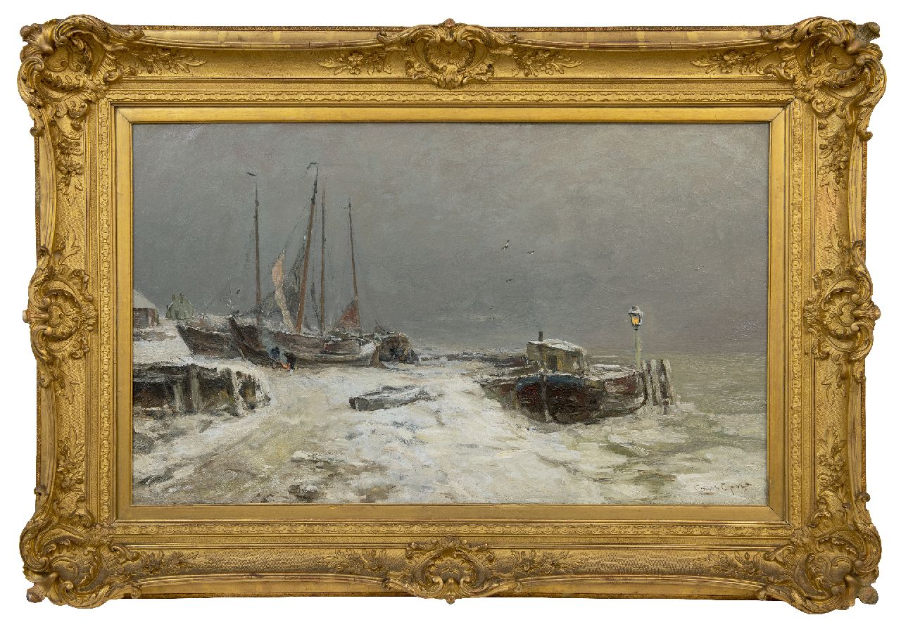 Apol L.F.H.  | Lodewijk Franciscus Hendrik 'Louis' Apol, A Snowy river view with pulled botters on the bank, oil on canvas 60.3 x 103.0 cm, signed l.r.