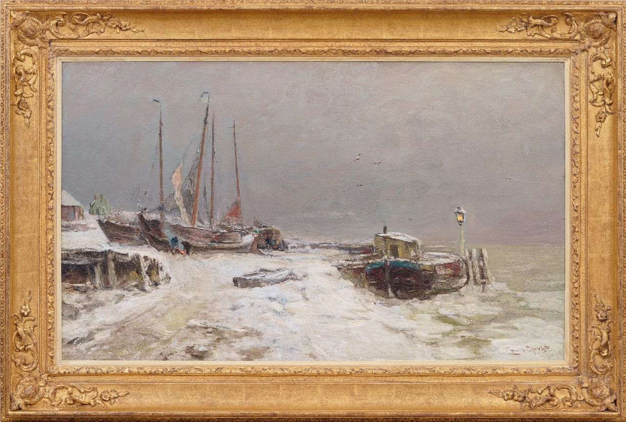 Apol L.F.H.  | Lodewijk Franciscus Hendrik 'Louis' Apol, A Snowy river view with pulled botters on the bank, oil on canvas 60.3 x 103.0 cm, signed l.r.