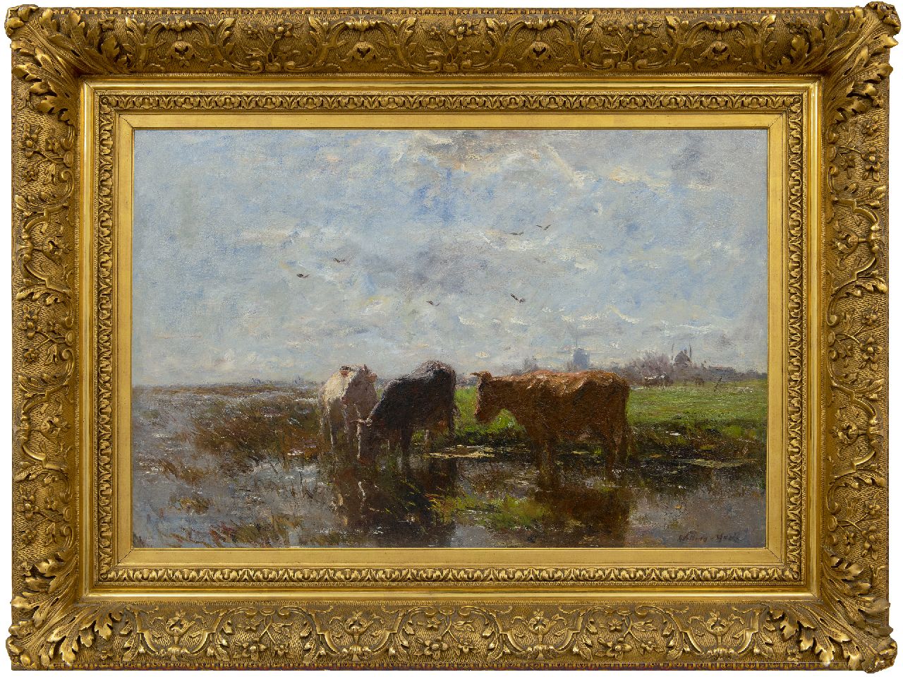 Maris W.  | Willem Maris | Paintings offered for sale | Drinking cows in a polder landscape, oil on canvas 58.2 x 85.2 cm, signed l.r.