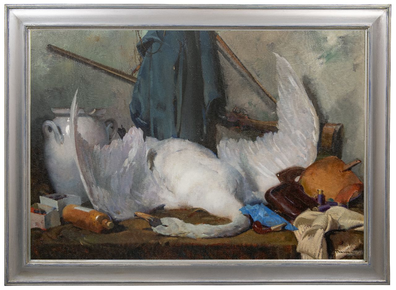 Hem P. van der | Pieter 'Piet' van der Hem | Paintings offered for sale | Hunting still life with swan, oil on canvas 88.4 x 122.8 cm, signed l.r.
