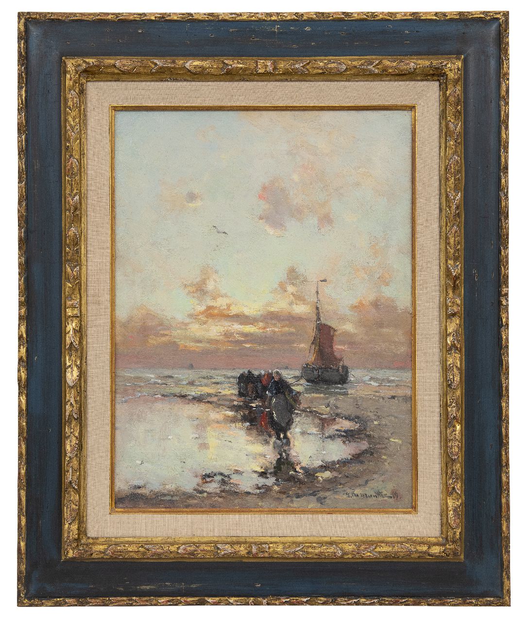 Munthe G.A.L.  | Gerhard Arij Ludwig 'Morgenstjerne' Munthe, Beach scene with fishermen and bomb barge at twilight, oil on canvas 40.3 x 30.0 cm, signed l.r. and dated '19