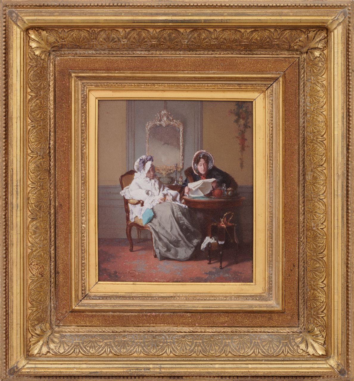 Bakker Korff A.H.  | Alexander Hugo Bakker Korff, Reading the newspaper, oil on panel 23.1 x 17.8 cm, signed l.l. and dated '65