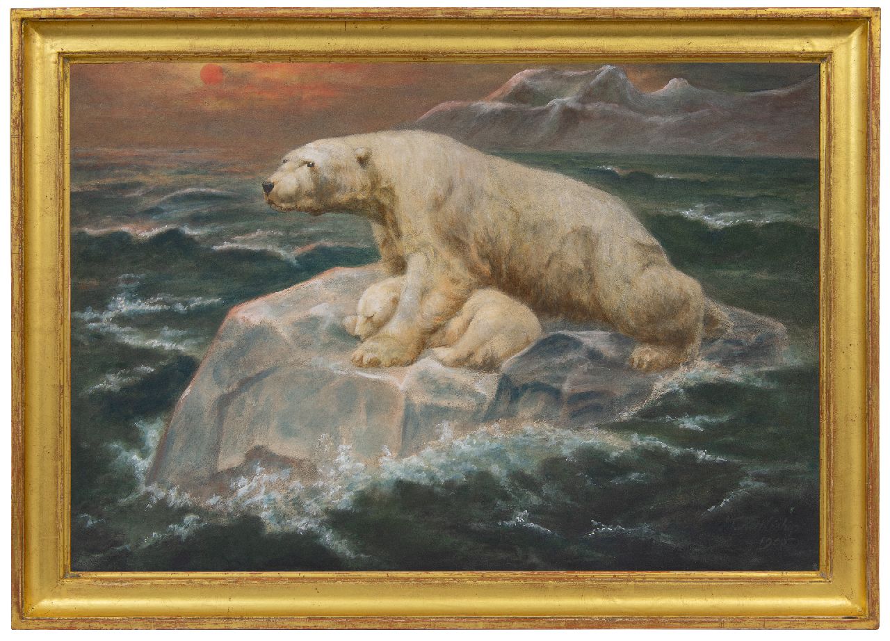 Nettleship J.T.  | John Trivett Nettleship, Polar bear with young on an ice flow at sunset, gouache on paper 47.2 x 69.9 cm, signed l.r. and dated 1900