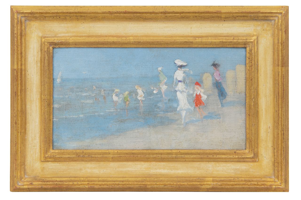 Steenwijk H. van | Hendrik van Steenwijk | Paintings offered for sale | Beach scene with bathers, oil on canvas laid down on board 13.2 x 24.2 cm