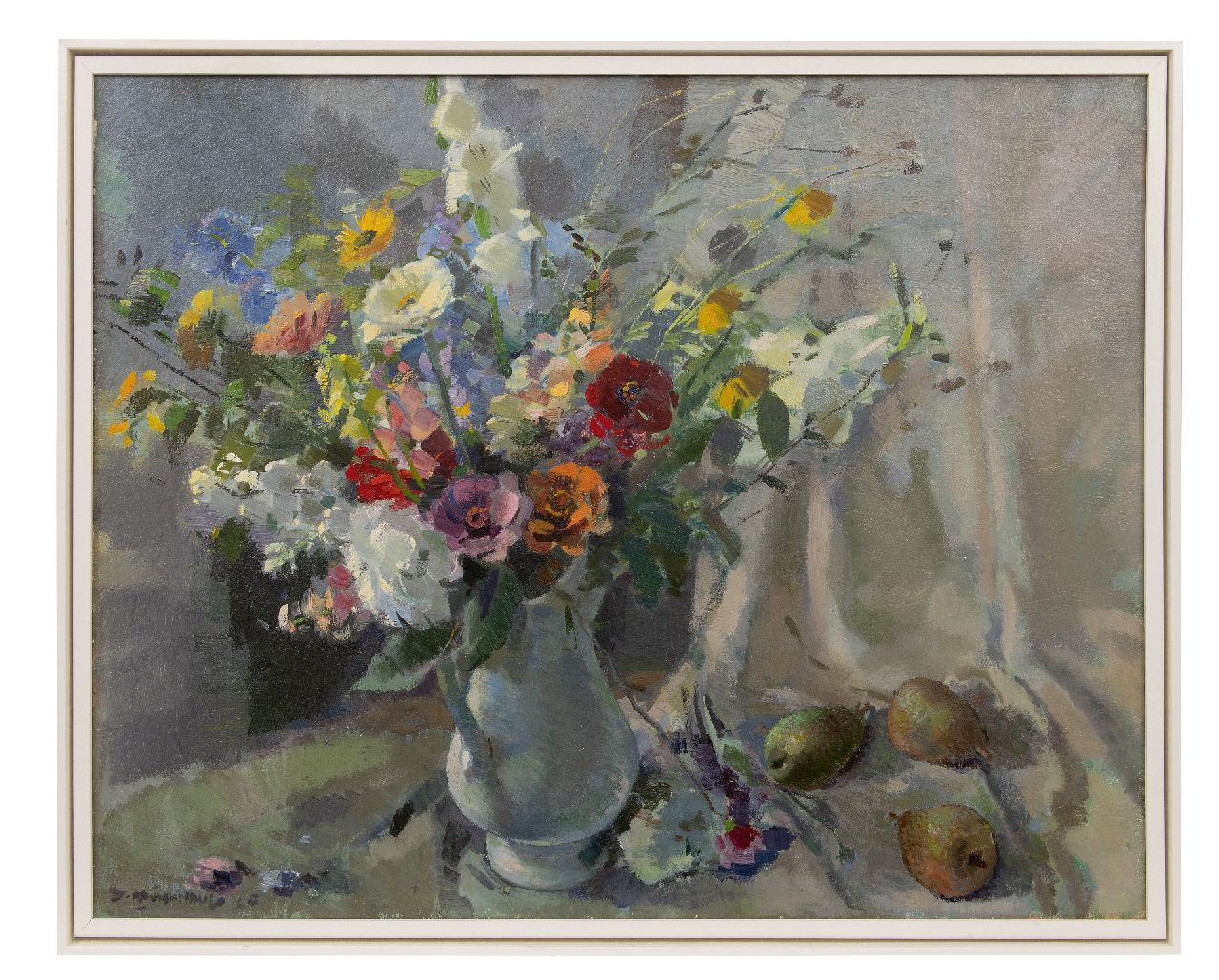 Mühlhaus D.  | Daniël 'Daan' Mühlhaus | Paintings offered for sale | Still life with summer flowers and pears, oil on canvas 80.5 x 100.5 cm, signed l.l.