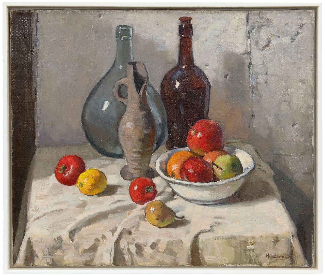 Leeuwen H. van | Hendrik 'Henk' van Leeuwen, Still life with bottles and fruit, oil on canvas 50.1 x 60.2 cm, signed l.r.