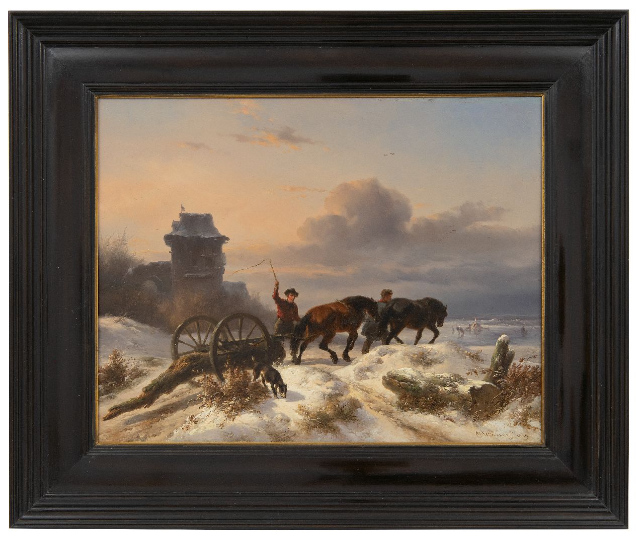 Verschuur W.  | Wouterus Verschuur | Paintings offered for sale | Carters with mallejan in a winter landscape, oil on panel 27.2 x 35.0 cm, signed l.r. and dated 1849