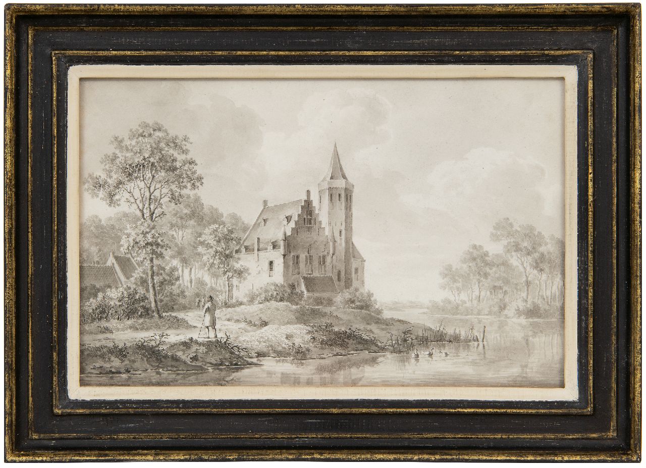 Koekkoek B.C.  | Barend Cornelis Koekkoek, Riverside travelers by a castle, washed ink on paper 18.0 x 27.5 cm