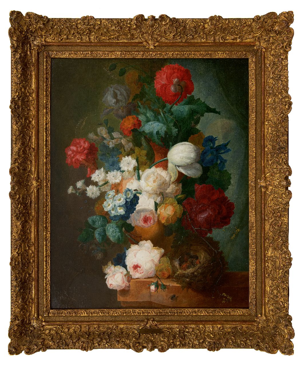 Os J. van | Jan van Os | Paintings offered for sale | Still life with roses, poppies and bird's nest, oil on canvas 66.3 x 55.0 cm, signed l.l. and dated 1775
