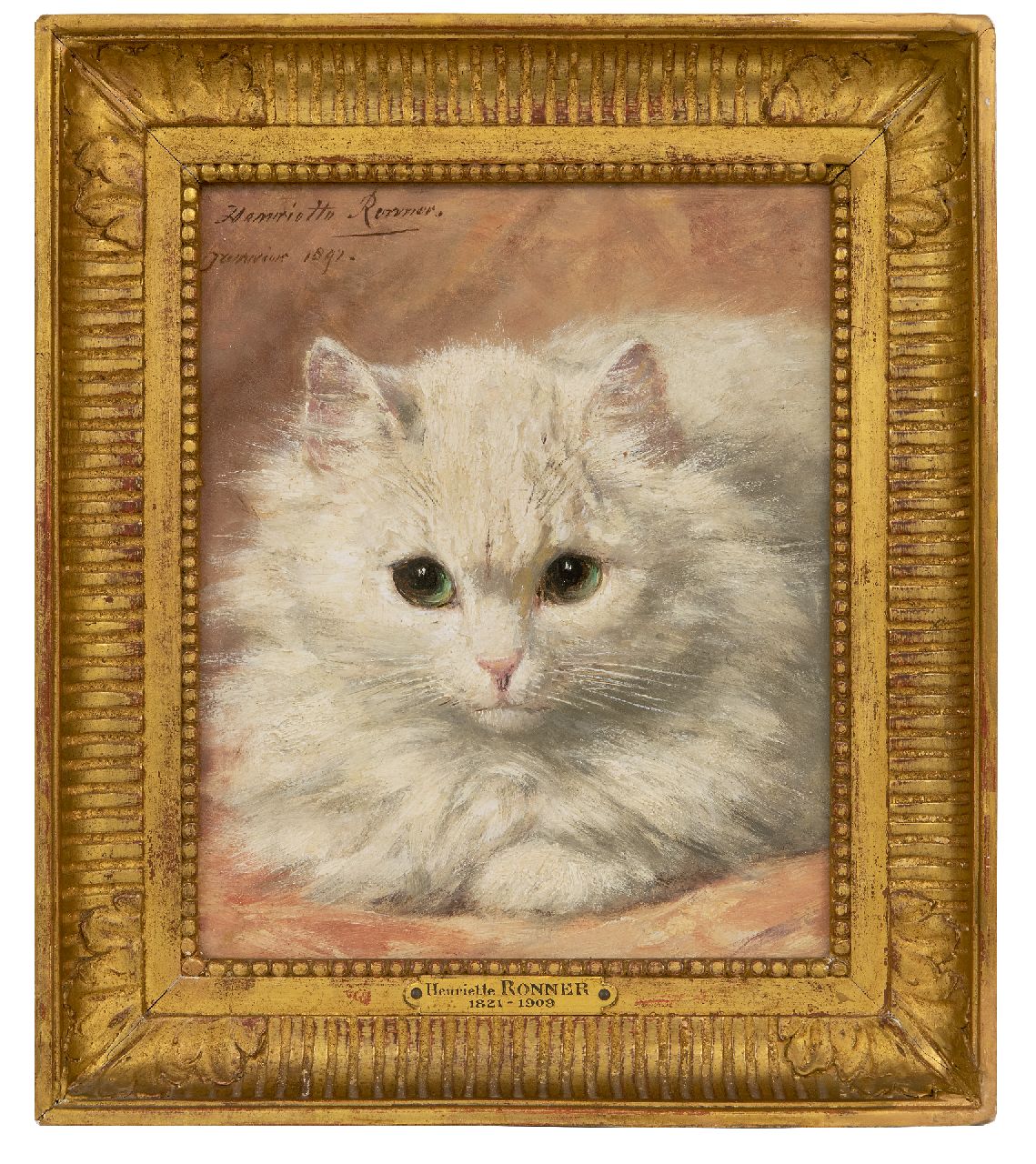 Ronner-Knip H.  | Henriette Ronner-Knip, White angora kitten, oil on panel 22.8 x 19.2 cm, signed u.l. and dated 'Janvier' 1892