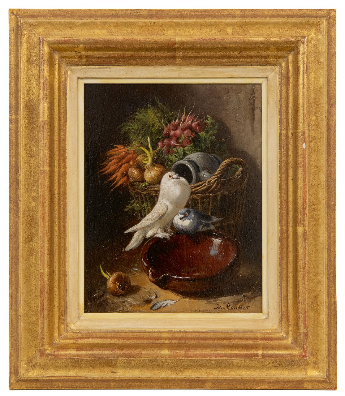 Ronner-Knip H.  | Henriette Ronner-Knip | Paintings offered for sale | Fancy pigeons with a basket of vegetables, oil on panel 18.9 x 15.5 cm, signed l.r.
