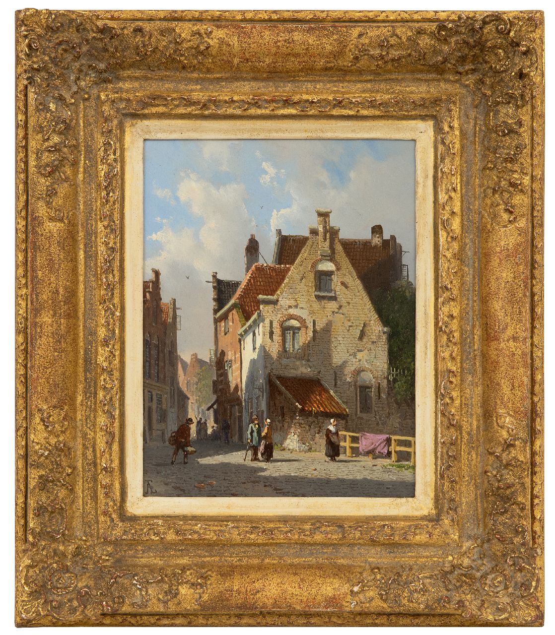 Eversen A.  | Adrianus Eversen | Paintings offered for sale | Sonnige Straße mit Figuren, oil on panel 19.1 x 14.5 cm, signed l.l. with monogram