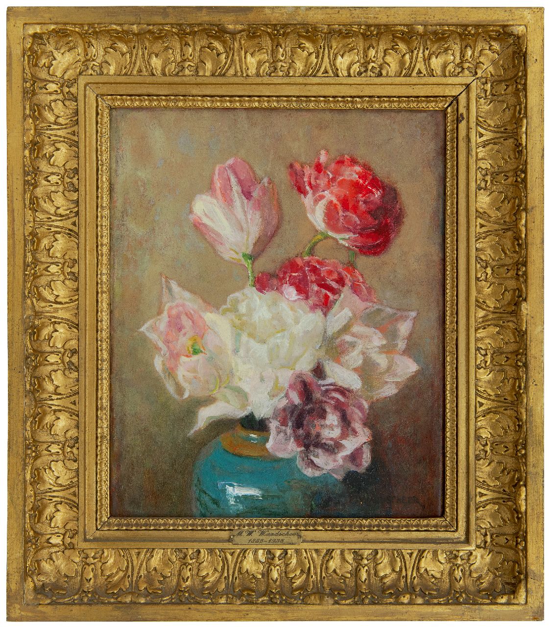 Wandscheer M.W.  | Maria Wilhelmina 'Marie' Wandscheer, Double tulips in ginger jar, oil on canvas 30.0 x 23.8 cm, signed l.r.