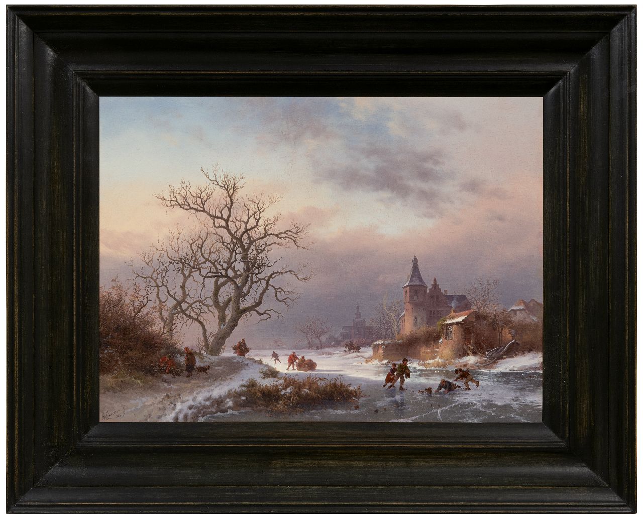 Kruseman F.M.  | Frederik Marinus Kruseman | Paintings offered for sale | A winter landscape with skaters on a frozen river, oil on panel 29.0 x 39.0 cm, signed l.l. and dated 1855