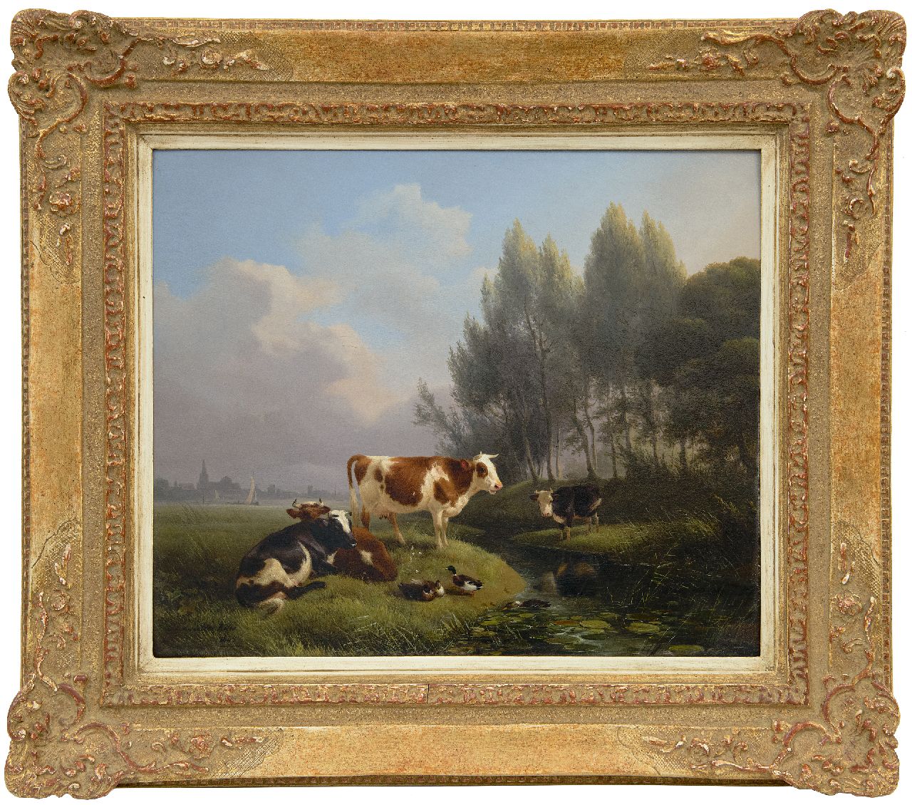 Ronner-Knip H.  | Henriette Ronner-Knip, Cows in a meadow, Den Bosch in the distance, oil on panel 33.0 x 39.2 cm, signed l.l. and dated 1845
