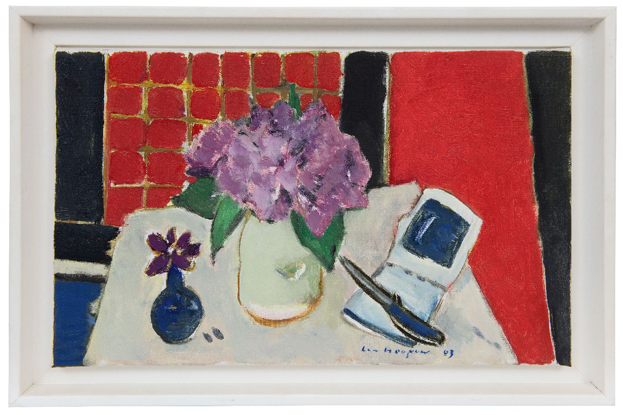 Hoopen P.H. ten | Paul Hugo ten Hoopen | Paintings offered for sale | Still life with open book and knife (hortensia & bougainvillea), oil on canvas 28.1 x 46.3 cm, signed l.r. and dated '03