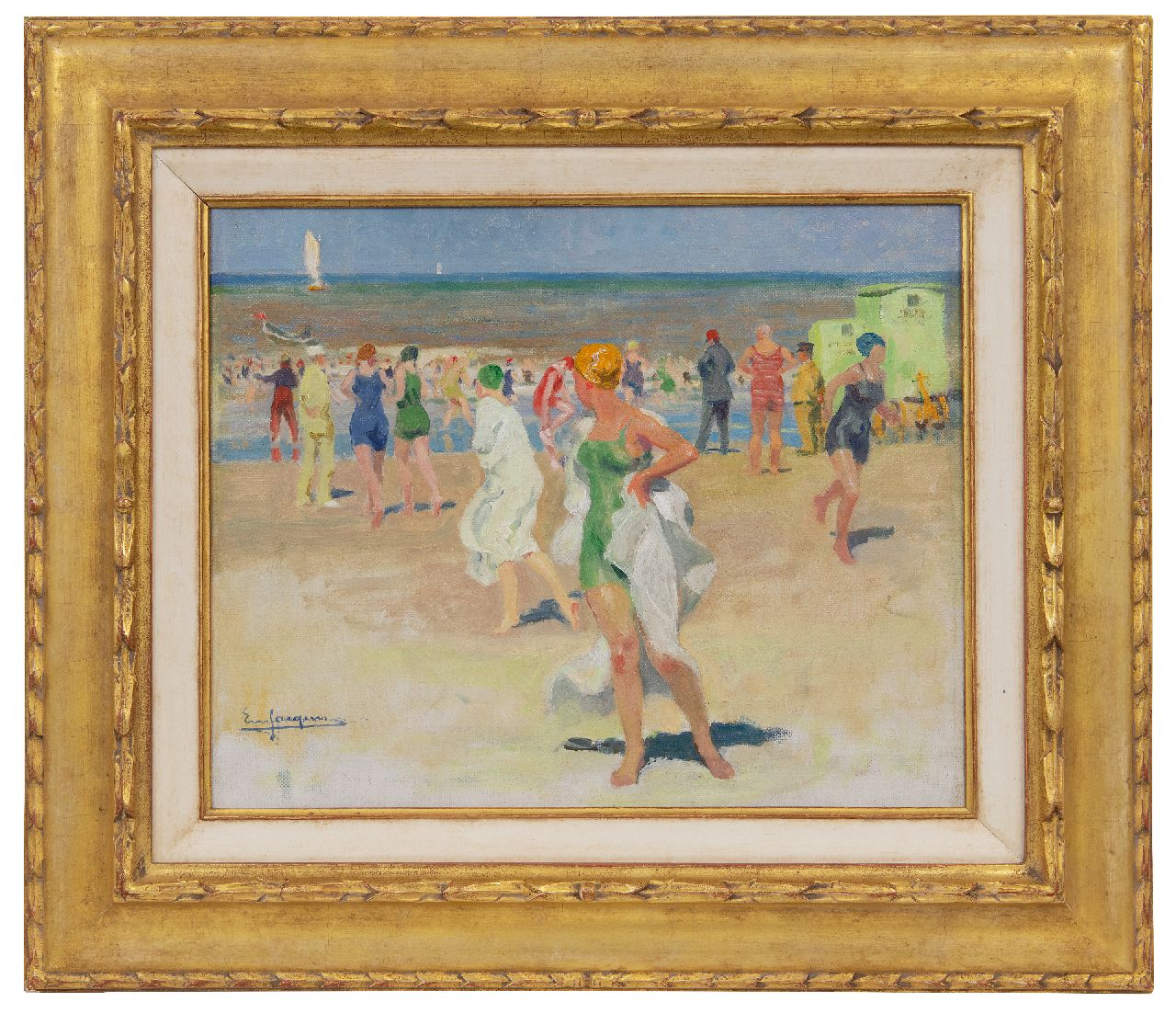 Jacques E.  | Emile Jacques, Beach scene with bathers, oil on canvas 34.1 x 41.3 cm, signed l.l.