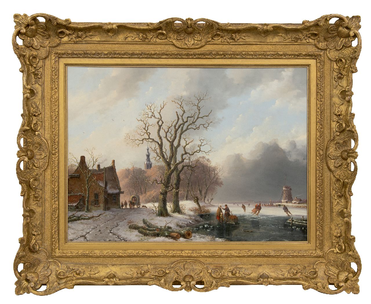 Meijier A.A. de | Anthony Andreas de Meijier | Paintings offered for sale | Skaters on a frozen river near a town, oil on panel 52.1 x 72.1 cm, signed l.l.