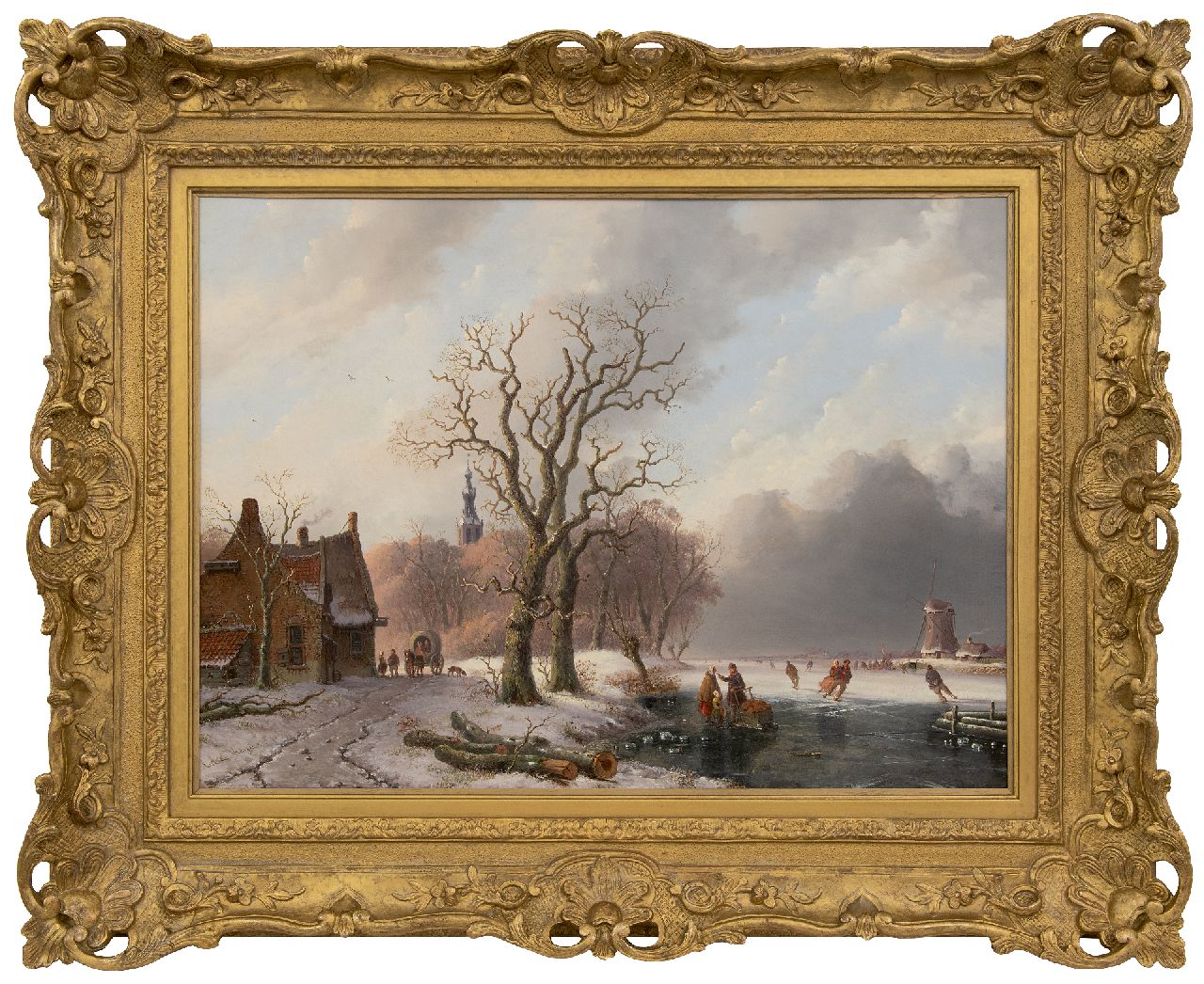 Meijier A.A. de | Anthony Andreas de Meijier | Paintings offered for sale | Skaters on a frozen river near a town, oil on panel 52.1 x 72.1 cm, signed l.l.