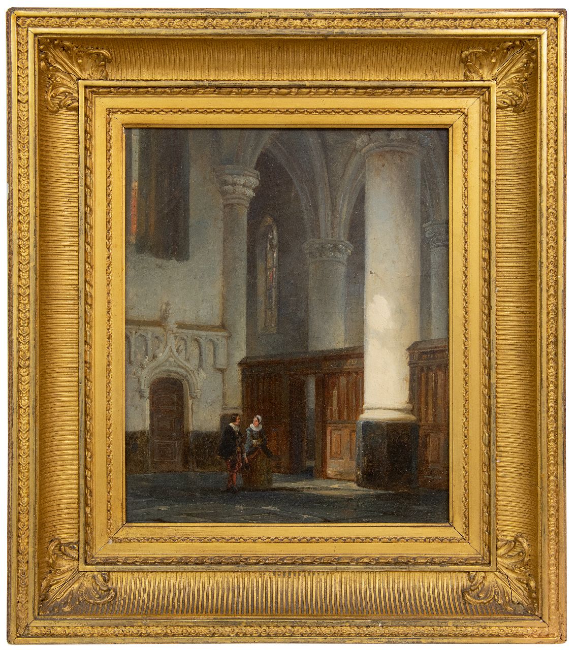 Springer C.  | Cornelis Springer | Paintings offered for sale | Man and woman in church interior, oil on canvas 32.9 x 27.3 cm, signed l.l. with monogram and dated '44