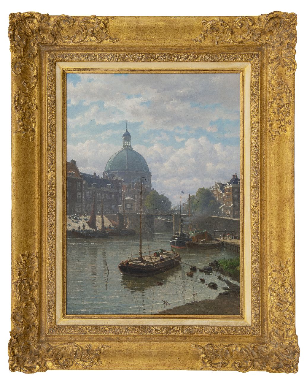 Greive J.C.  | Johan Conrad 'Coen' Greive | Paintings offered for sale | Moored work ships at the Amsterdam Haarlemmersluis near the Ronde Lutherse Kerk, oil on canvas 57.9 x 42.4 cm, signed l.r. and dated 1890