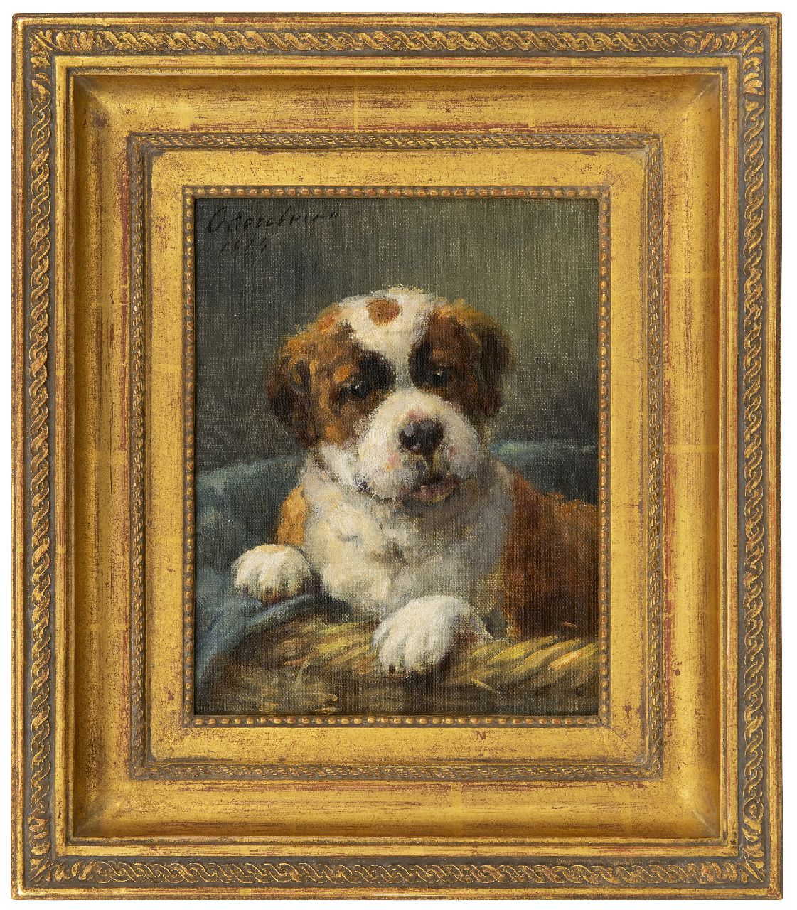 Eerelman O.  | Otto Eerelman, Saint-Bernard pup in his basket, oil on painter's board 23.8 x 18.8 cm, signed u.l. and dated 1924