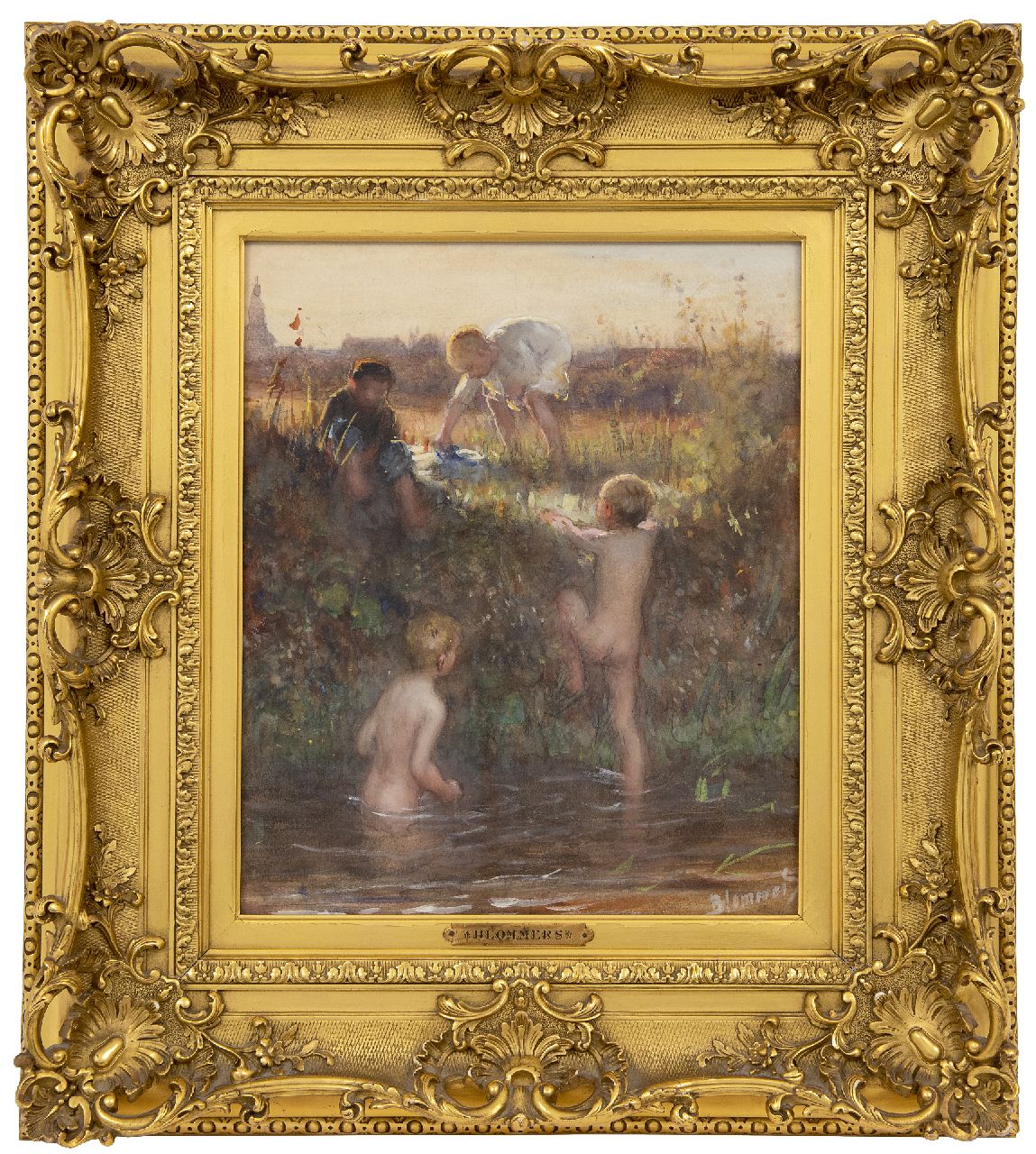 Blommers B.J.  | Bernardus Johannes 'Bernard' Blommers | Watercolours and drawings offered for sale | Bathing children in Het Kanaal, Scheveningen, watercolour on paper 38.9 x 32.3 cm, signed l.r. and painted ca. 1895-1907
