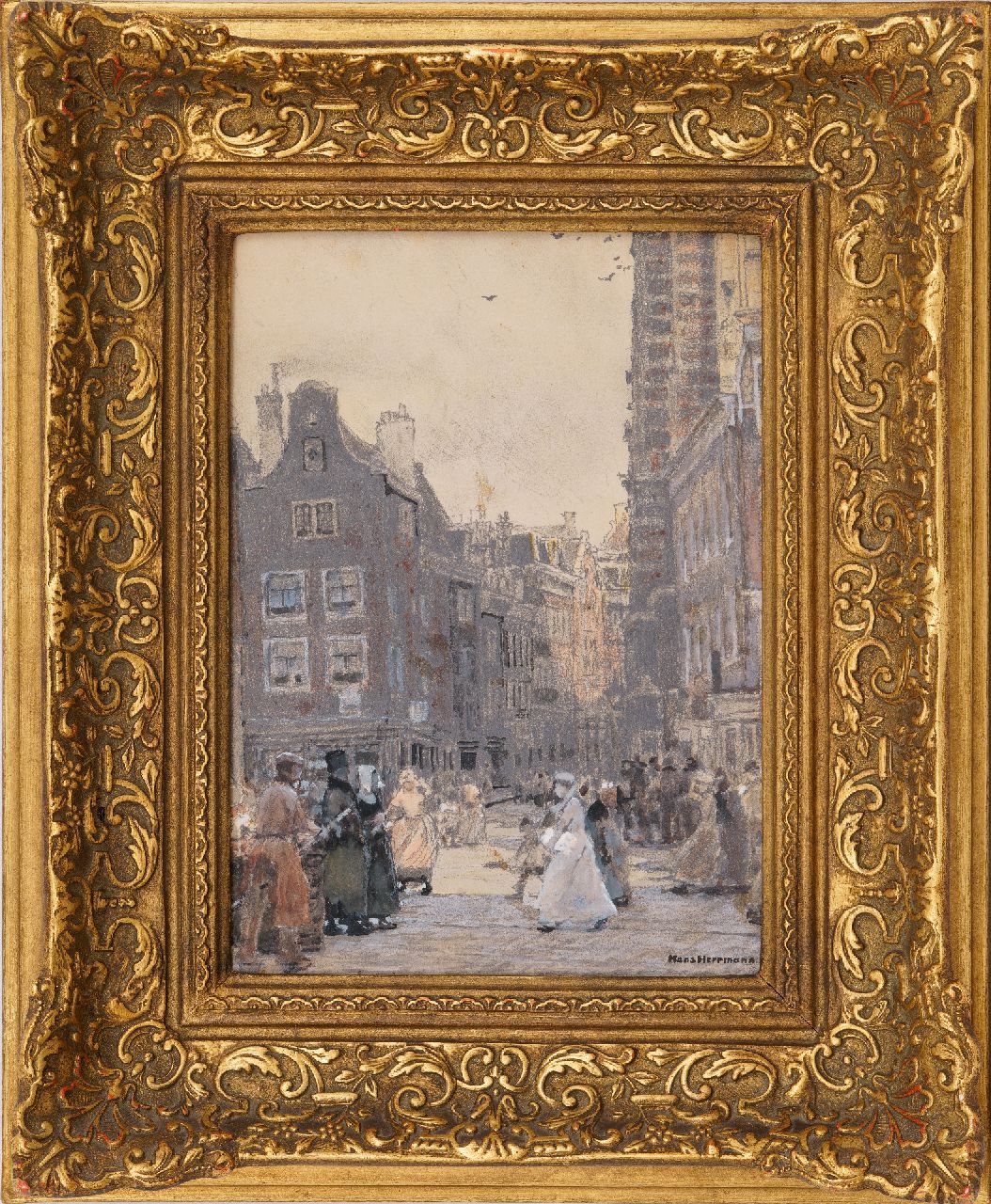 Herrmann J.E.R.  | Johann Emil Rudolf 'Hans' Herrmann | Watercolours and drawings offered for sale | A view in Amsterdam, chalk and watercolour on paper on board 34.1 x 24.5 cm, signed l.r.