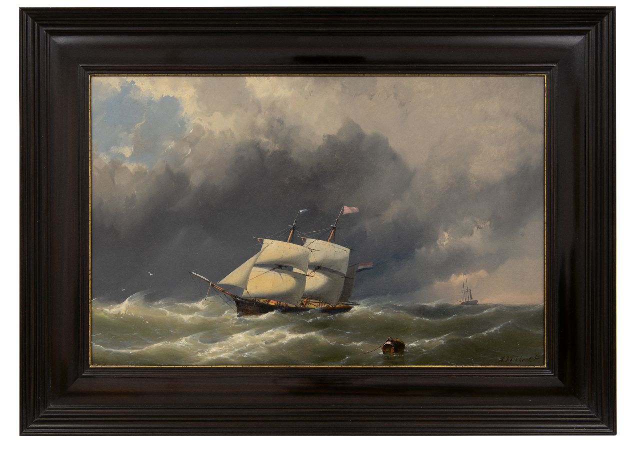 Koekkoek jr. H.  | Hermanus Koekkoek jr. | Paintings offered for sale | Brik off the coast in heavy weather, oil on panel 28.1 x 44.1 cm, signed l.r.