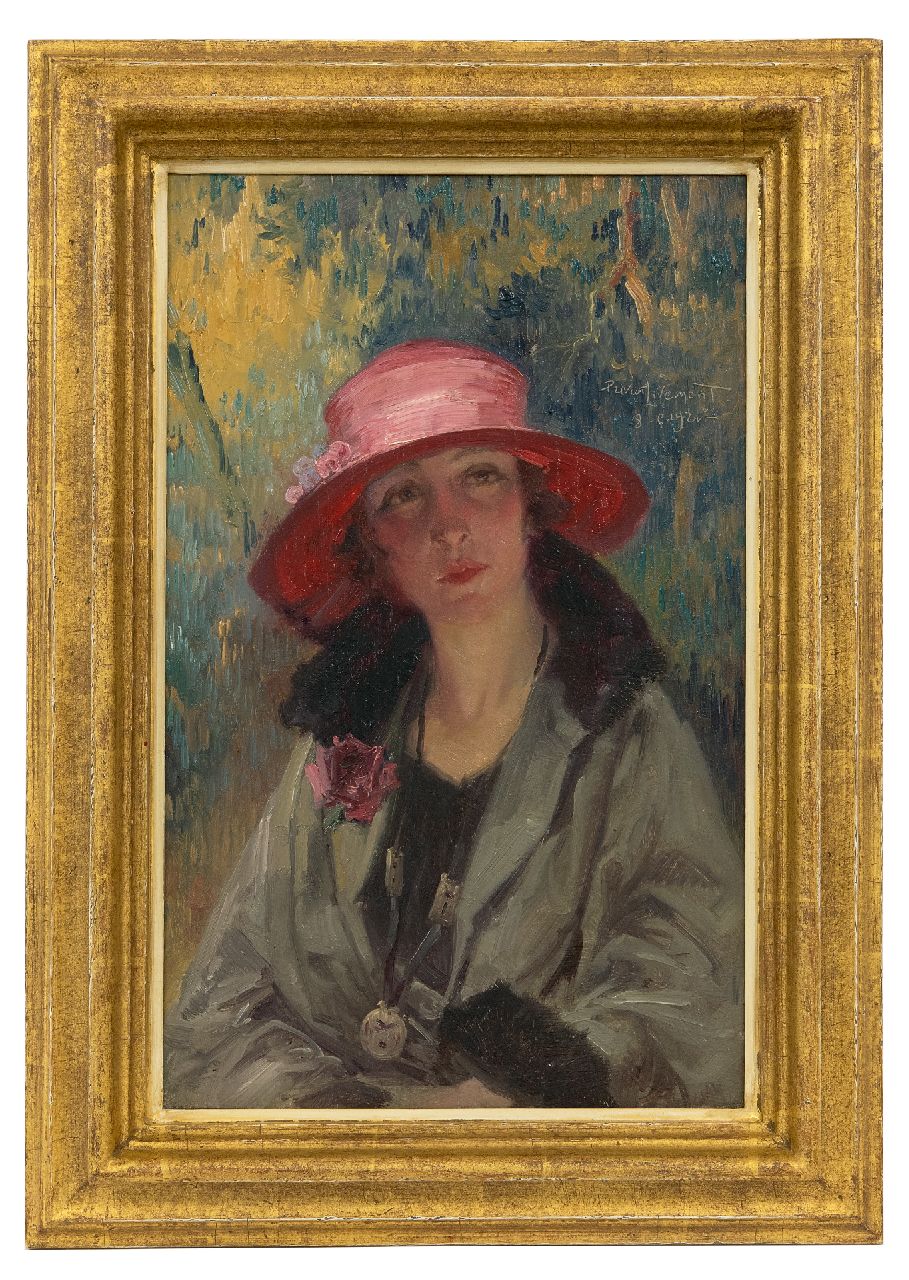 Livemont H.P.A.T.  | Henri 'Privat' Antoine Théodore Livemont, Young woman with pink hat, oil on panel 34.3 x 21.7 cm, signed u.r. and dated 8-5-1921