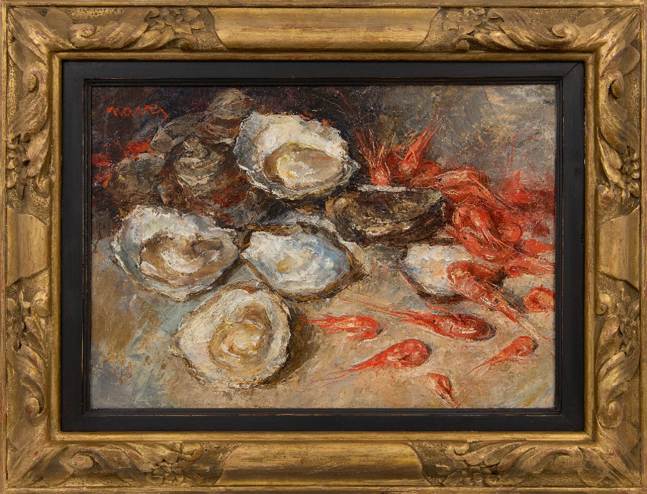 Navez A.  | Arthur Navez, Still life of oysters and shrimps, oil on canvas 35.0 x 50.2 cm, signed u.l.