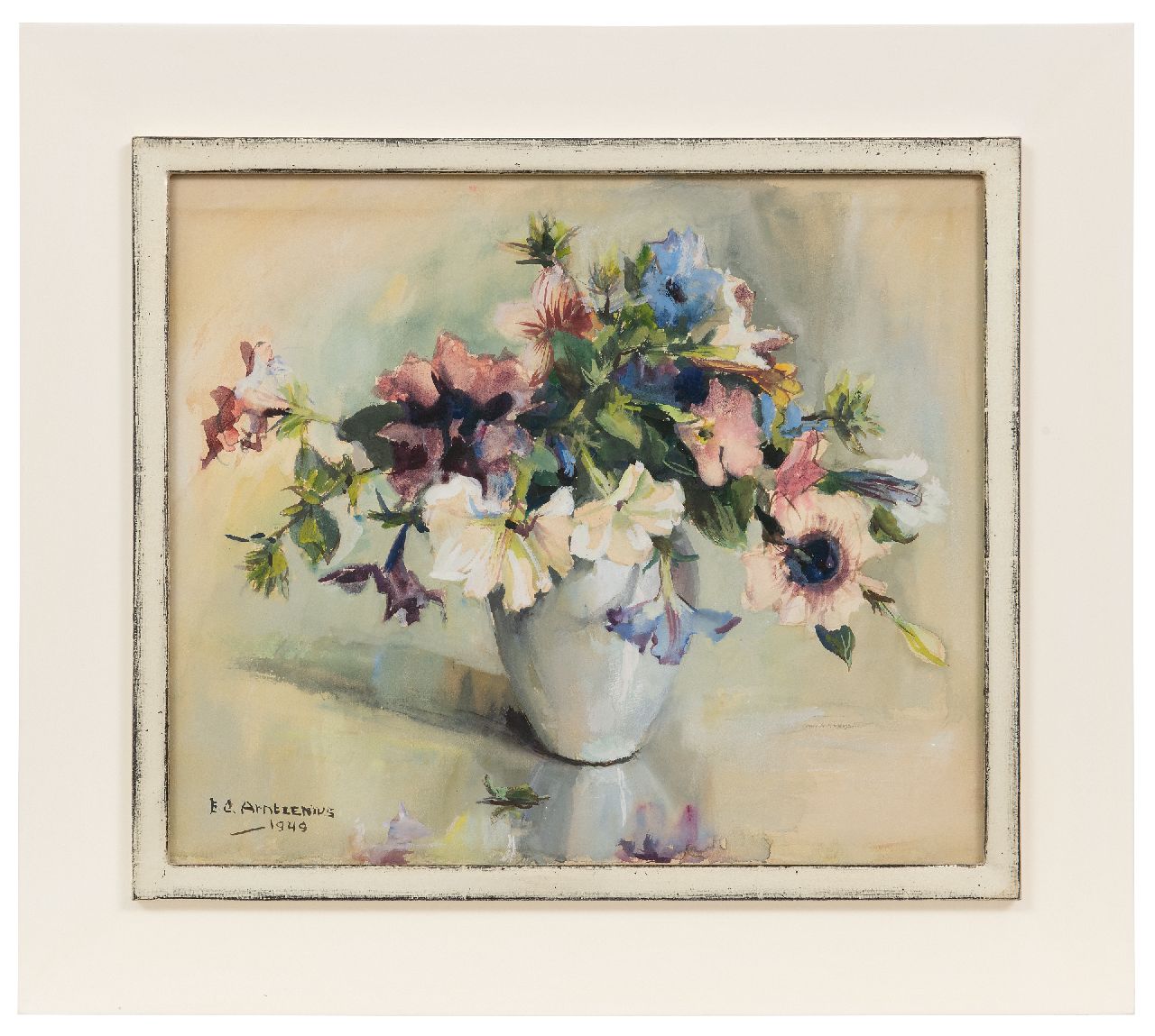 Arntzenius E.C.  | Elise Claudine Arntzenius | Watercolours and drawings offered for sale | Flowers in a white vase, watercolour on paper 36.6 x 43.0 cm, signed l.l. and dated 1949