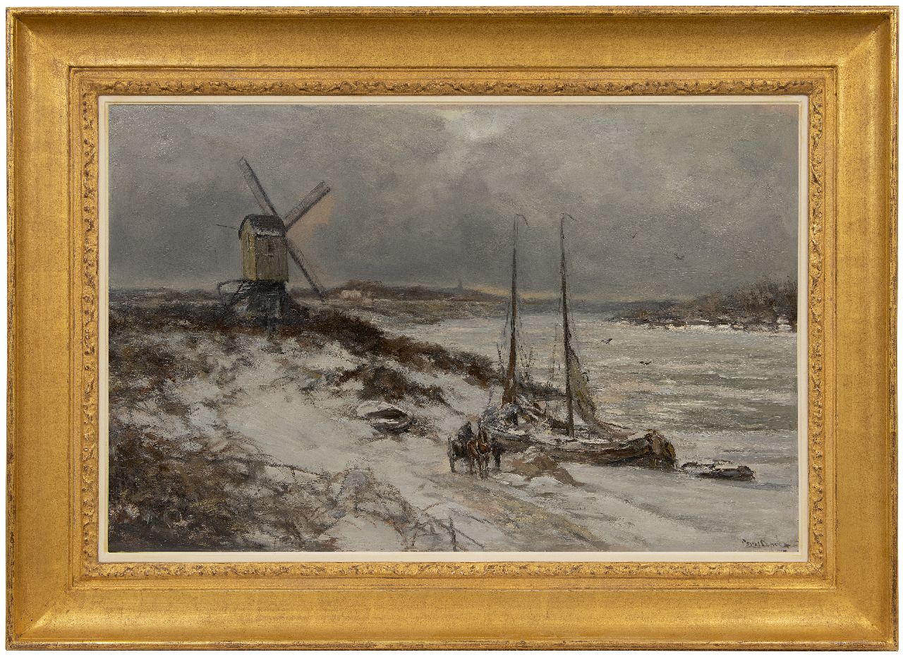 Apol L.F.H.  | Lodewijk Franciscus Hendrik 'Louis' Apol | Paintings offered for sale | A snowy river view with moored sailing barges, oil on canvas 58.6 x 90.3 cm, signed l.r. and dated 1928