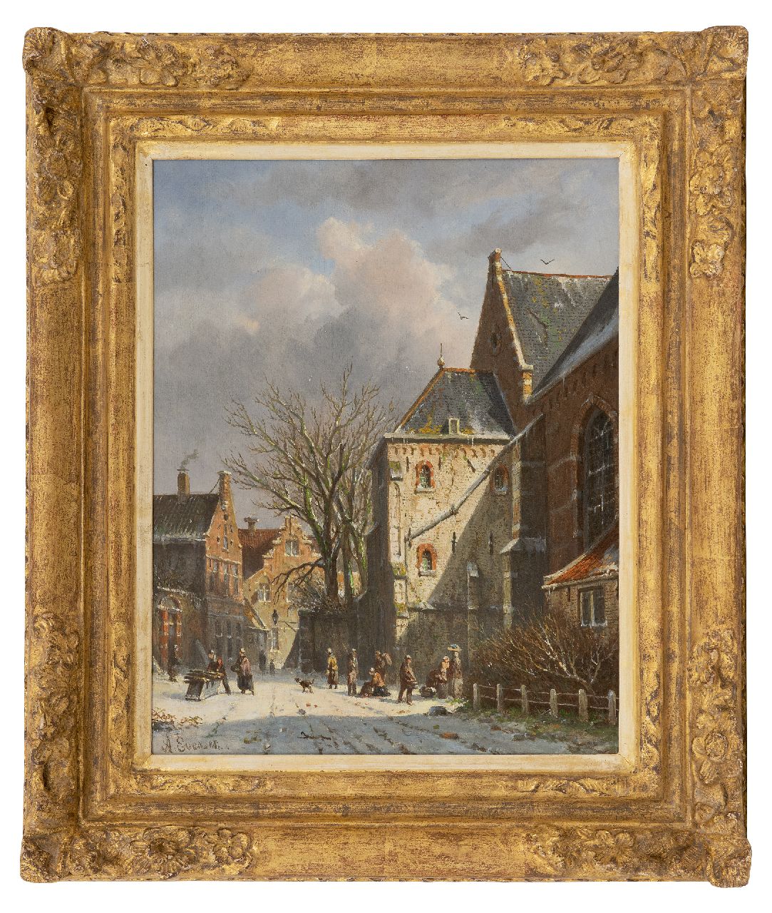 Eversen A.  | Adrianus Eversen | Paintings offered for sale | Snowy townscape with figures, Westerkerk in Enkhuizen, oil on panel 35.7 x 27.6 cm, signed l.l.