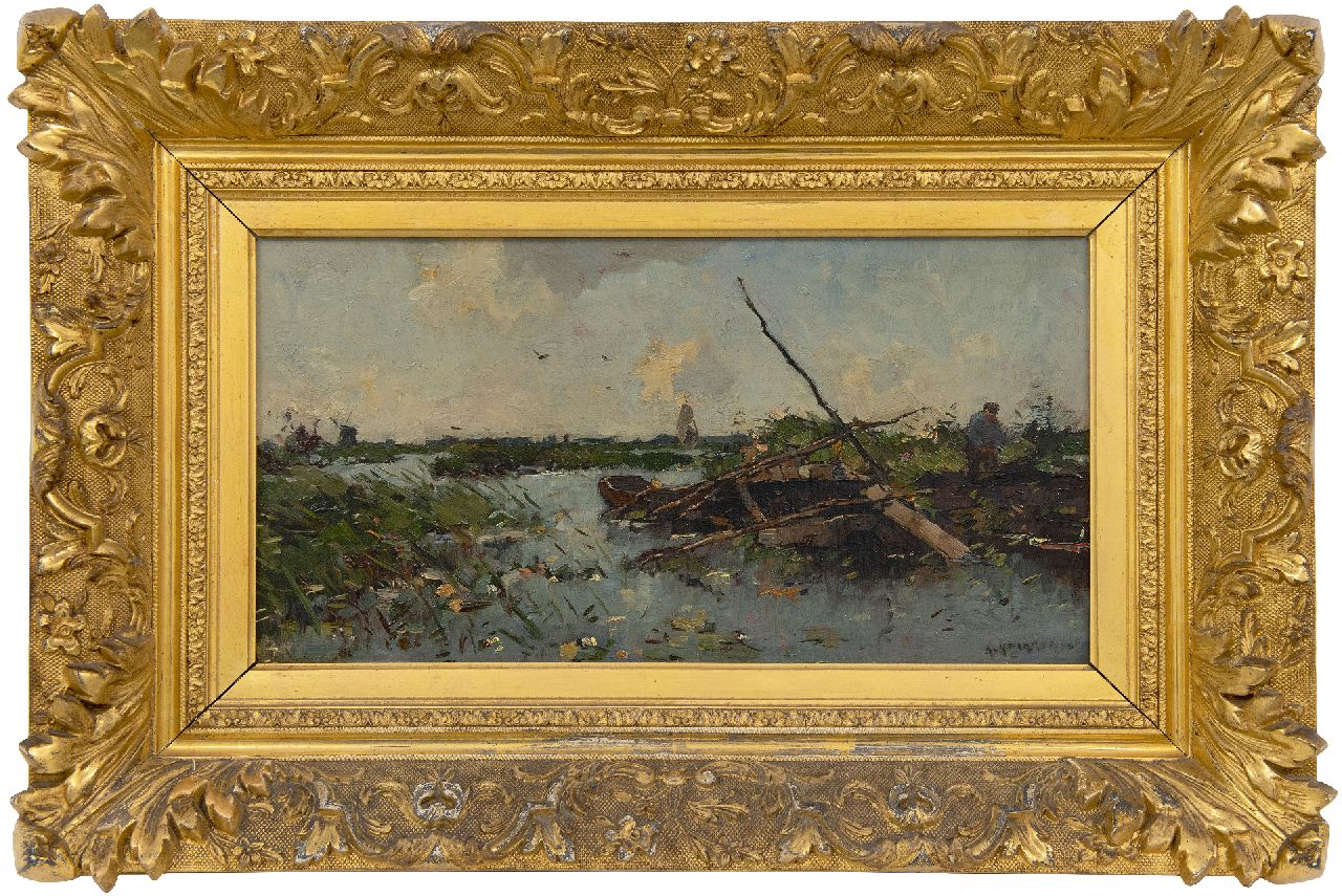Knikker A.  | Aris Knikker | Paintings offered for sale | Polder landscape with barges, oil on canvas laid down on board 21.6 x 40.6 cm, signed l.r.