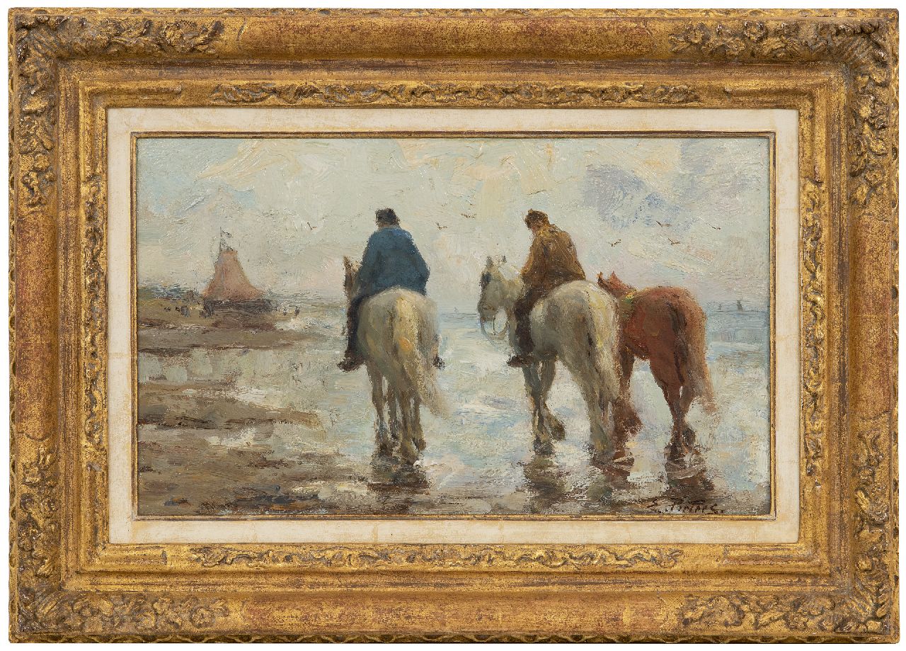 Pieters E.  | Evert Pieters | Paintings offered for sale | Beachscene with horses, Katwijk, oil on panel 24.0 x 39.0 cm, signed l.r.